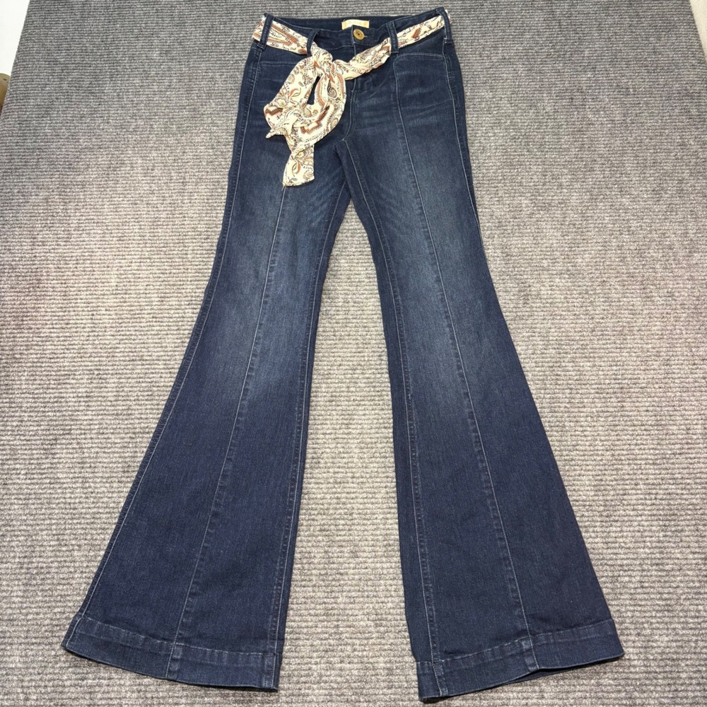 Altar'd State Dark Wash High Rise Flare Jeans with Paisley Scarf Belt Size 25